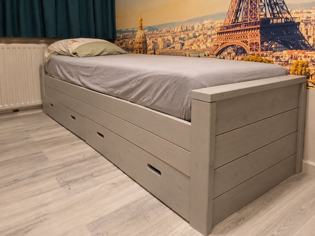 Stevig eenpersoonsbed met 2  opbergladen | Grijs houtlook, Ophalen, 90 cm, Eenpersoons, Stoere landelijke stijl