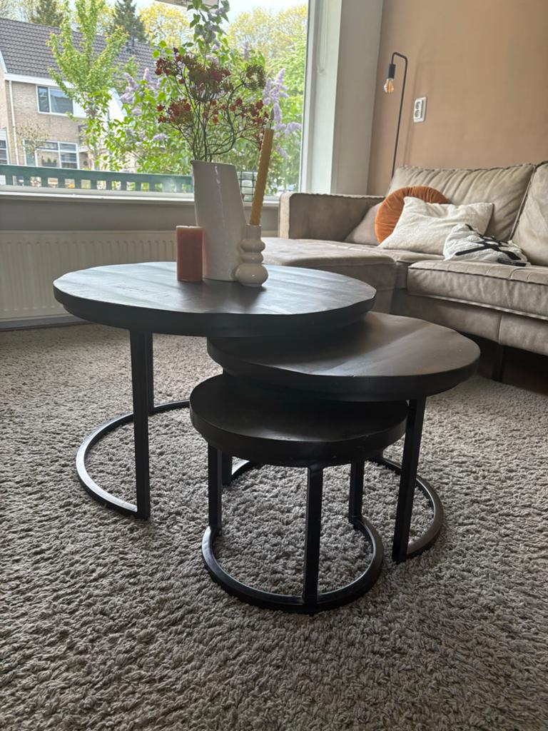 Set van 3 ronde salontafels - Zwart hout en metaal, Rond, Zo goed als nieuw, Minder dan 50 cm, Overige houtsoorten