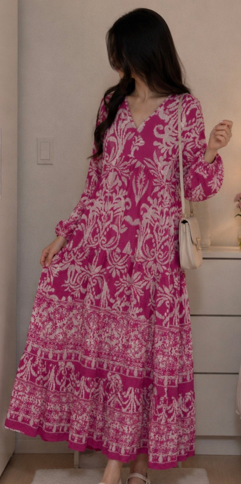 Maxi Jurk met Lange Mouwen en Print - Roze/Wit, Maat 38/40 (M), Ophalen of Verzenden, Roze, Onder de knie