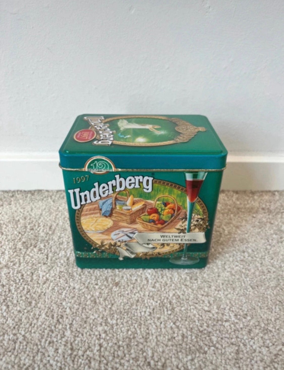 Bourgondisch Underberg blik, 12x9x11cm. Brocante keuken, Verzamelen, Verzenden, Gebruikt, Overige, Overige merken