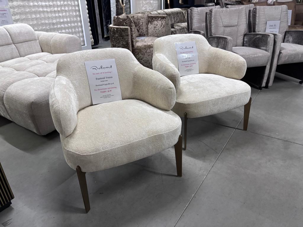 2 x richmond fauteuil Venus SHOWROOM OPRUIMING, Ophalen, Nieuw, 75 tot 100 cm, Stof