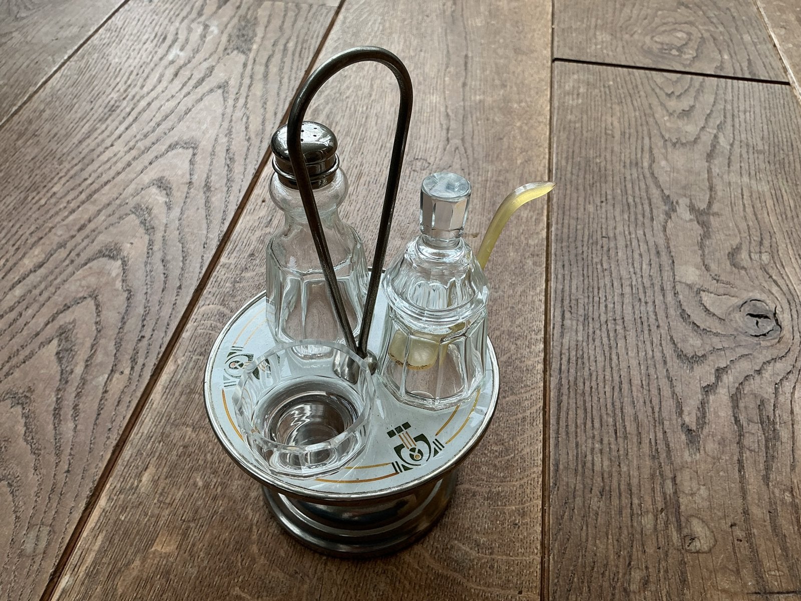 Vintage Olie- en Azijnstel met Strooier en Houdertje, Antiek en Kunst, Ophalen of Verzenden