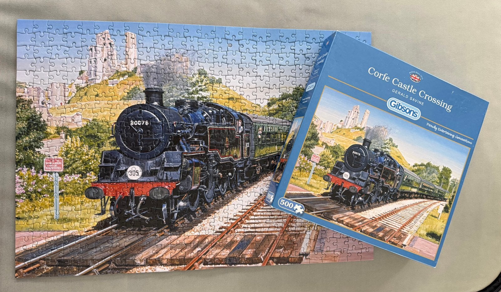 Gibson 500 stukjes Corfe Castle Crossing - stoomtrein, Ophalen of Verzenden, 500 t/m 1500 stukjes, Gebruikt