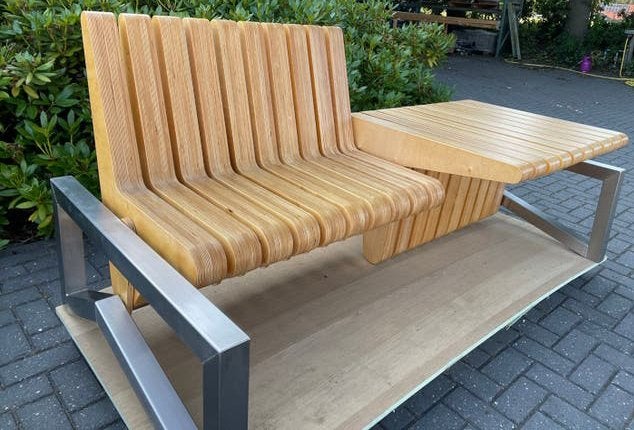 Moderne houten bank met RVS frame en tafelblad, Ophalen, Zo goed als nieuw, Hout