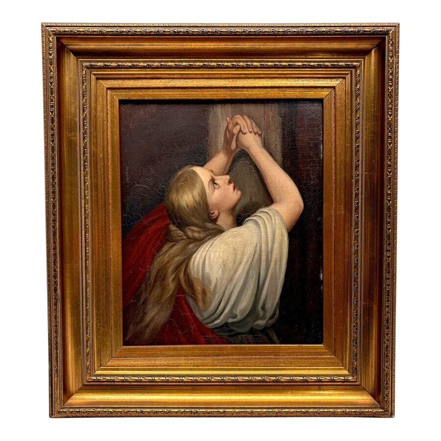 Romantische School: Maria Magdalena biddend aan het kruis, Ophalen of Verzenden