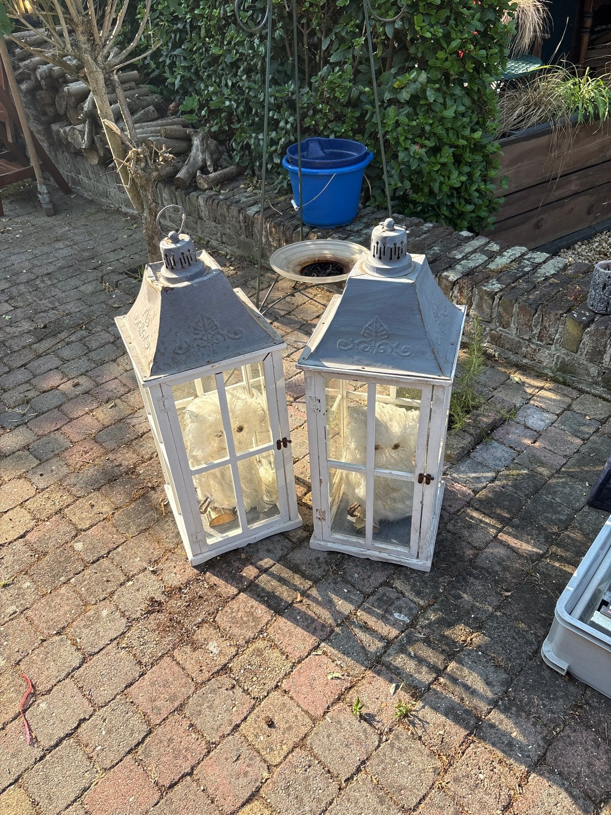 2 stuks decoratieve lantaarns met uil, wit/grijs, Ophalen of Verzenden, Gebruikt