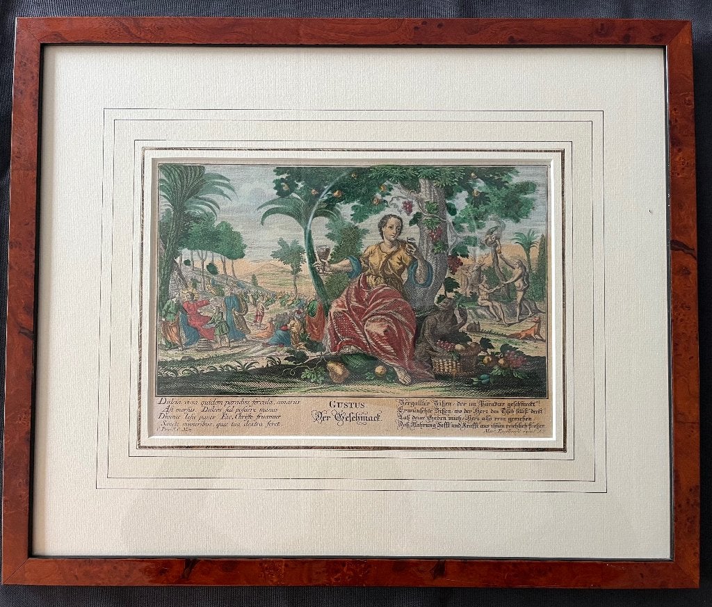 Vijf kopergravures, voorstellingen van de vijf zintuigen, Antiek en Kunst, Ophalen, Ingelijst, 40 cm, Mythologie