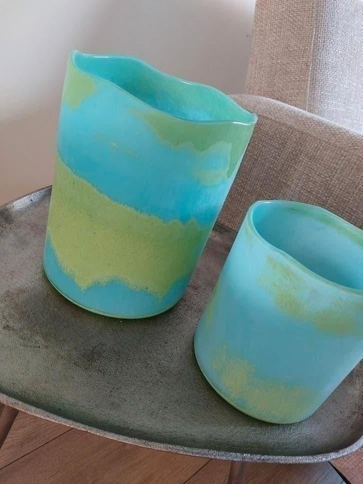 Vaas glas zeeblauw groen Pomax glasvazen aqua 2 stuks Nieuw, Huis en Inrichting, Woonaccessoires | Vazen, Ophalen of Verzenden