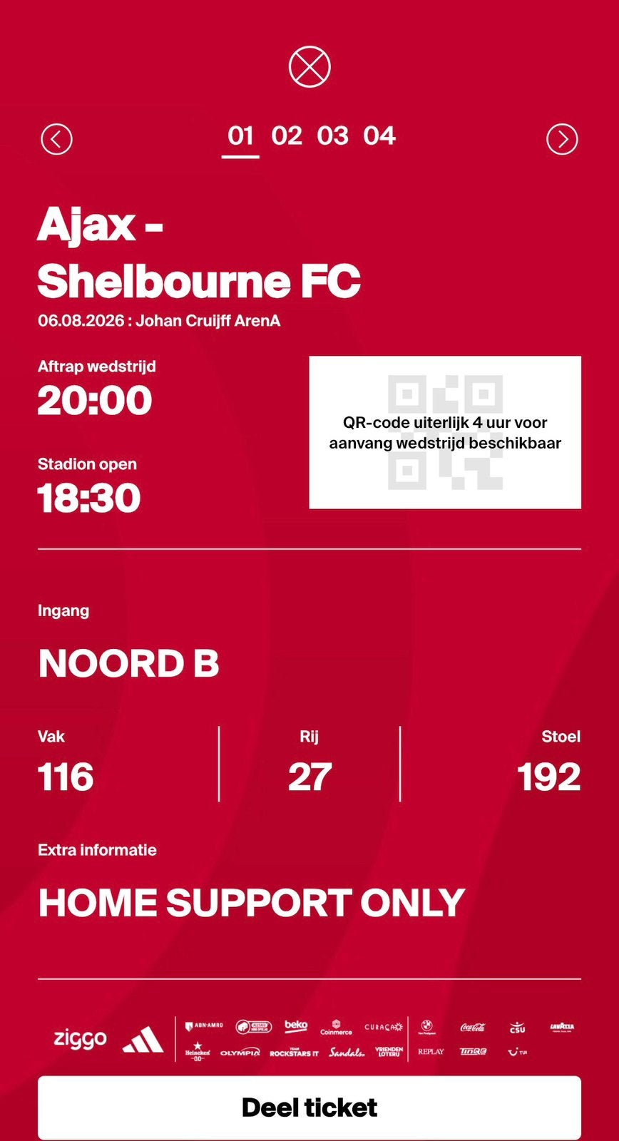 Ajax - Shelbourne FC 2 TICKETS NAAST ELKAAR, Tickets en Kaartjes, Twee personen, Augustus