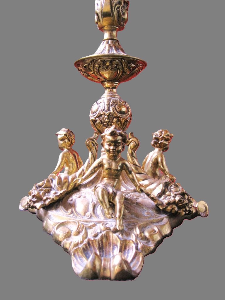 Koperen staande lamp met puti op voet., Antiek en Kunst, Ophalen