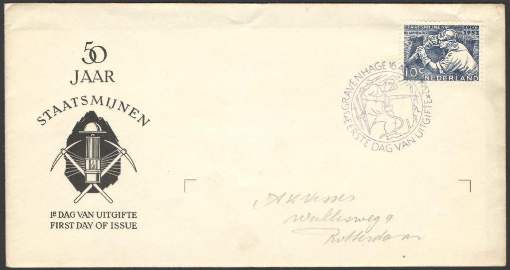 Nederland FDC E8 Met Adres Mijnwerker, Staatsmijnen 1952, Postzegels en Munten, Postzegels | Eerstedagenveloppen, Ophalen of Verzenden