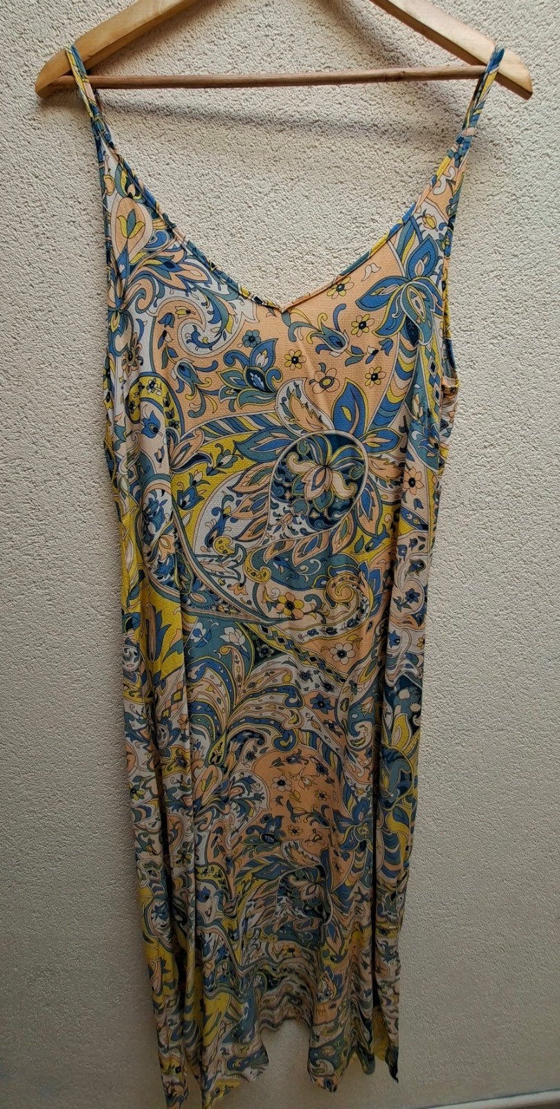 Geel/blauwe zomerjurk met paisley print, maat 42., Geel, Maat 42/44 (L), Ophalen of Verzenden, King Louie