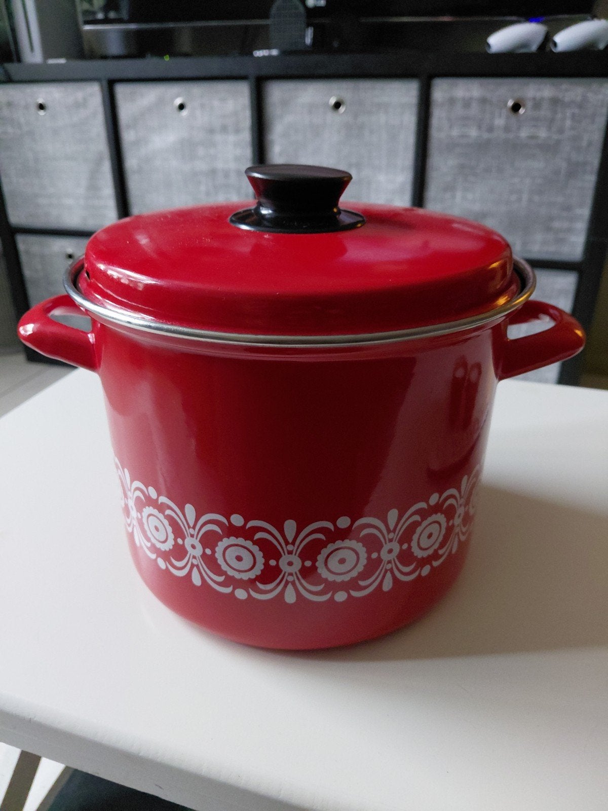 Vintage Emaille Soeppan met Deksel - Rood met Wit Patroon, Antiek en Kunst, Ophalen of Verzenden