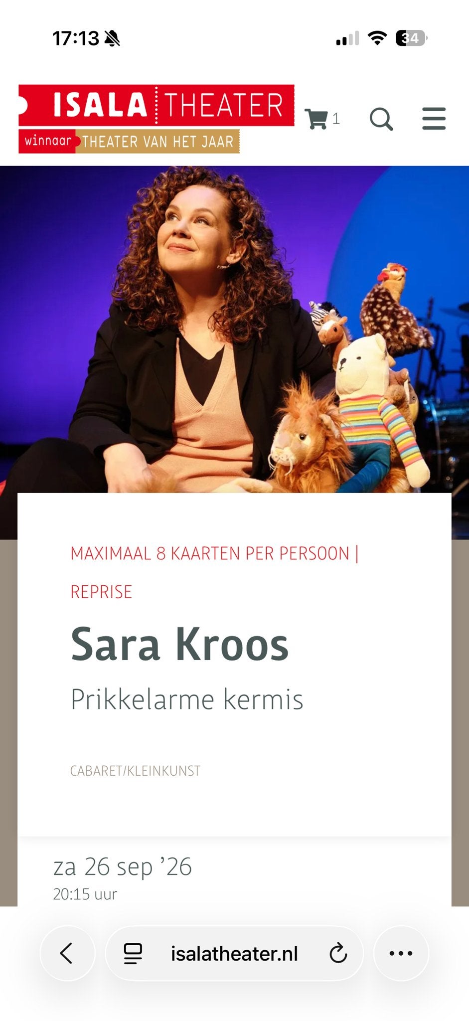 Isala theater Sara Kroos 26 september 20:15, Tickets en Kaartjes