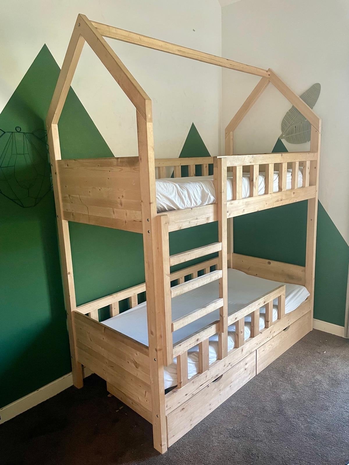 Houten Stapelbed huisje met lades, 170x80, Ophalen, Gebruikt, Tweepersoons, 190 cm of minder
