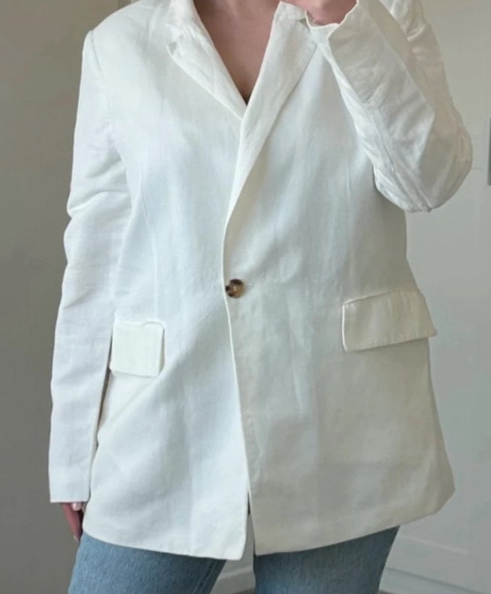 Zara witte linnen one breasted blazer met knoopsluiting, Maat 38/40 (M), Wit, Ophalen of Verzenden, Zo goed als nieuw