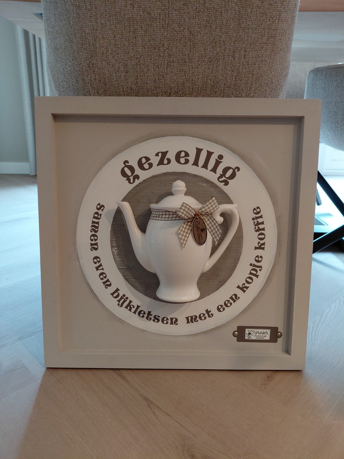 Wanddecoratie hout, met keramische koffiepot, Ophalen, Zo goed als nieuw