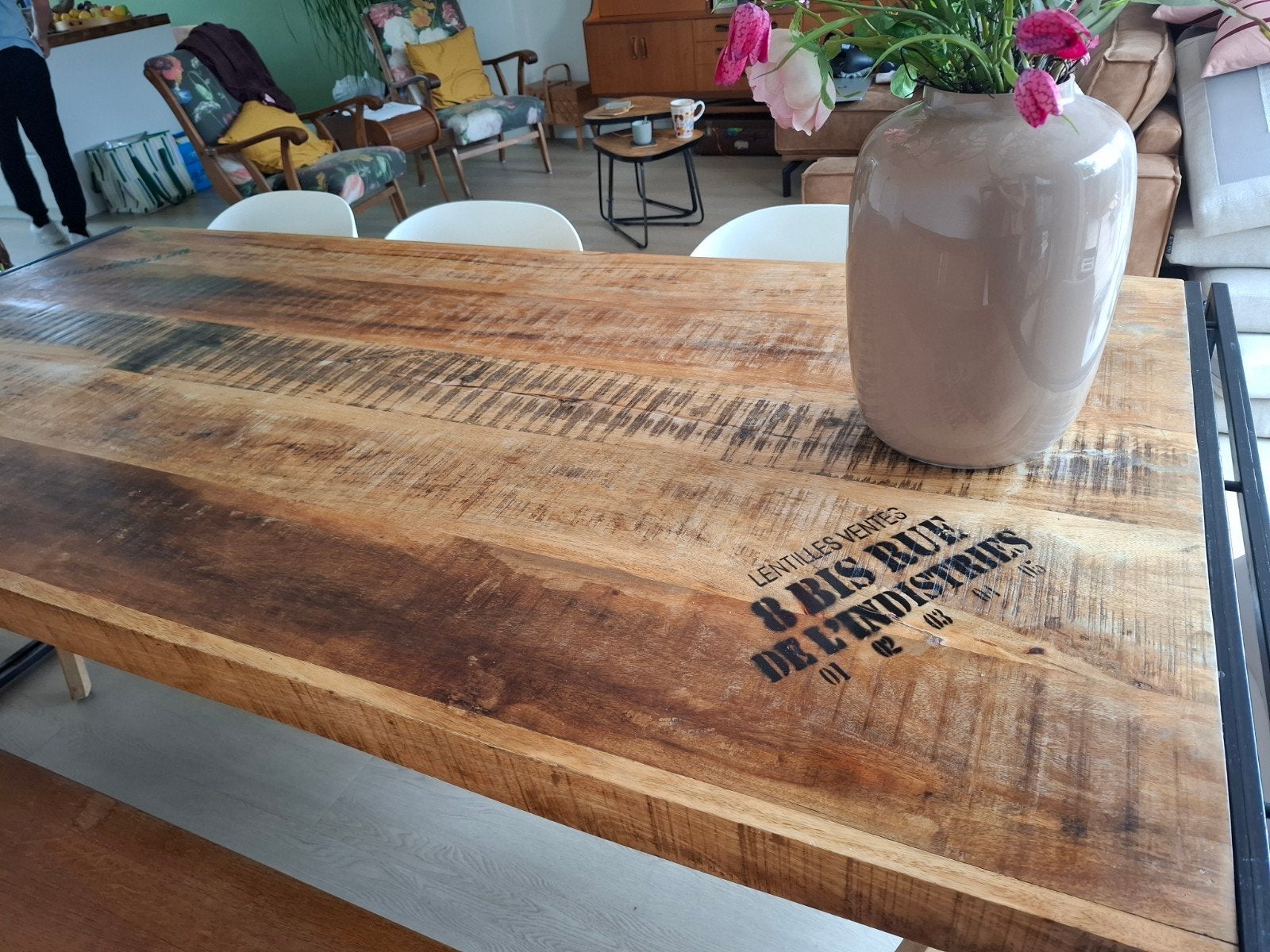 Industriële eettafel van hout en metaal, 100 tot 150 cm, 200 cm of meer, Zo goed als nieuw, Vijf personen of meer