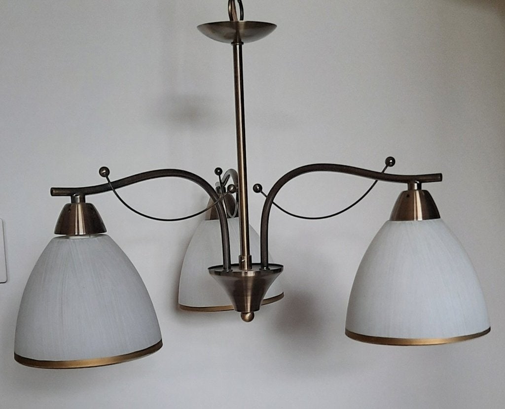 3 delige hanglamp brons/ melkglas, Ophalen, Gebruikt, E14 (klein)