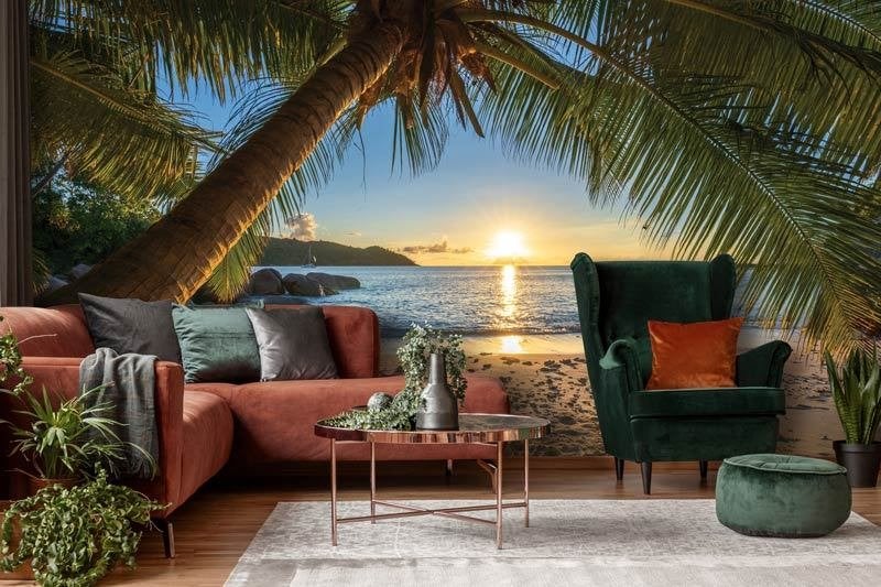 Fotobehang - Strand - Palmboom - Tropisch Strandparadijs, Huis en Inrichting, Stoffering | Behang, Meerkleurig, Fotobehangkoning.nl