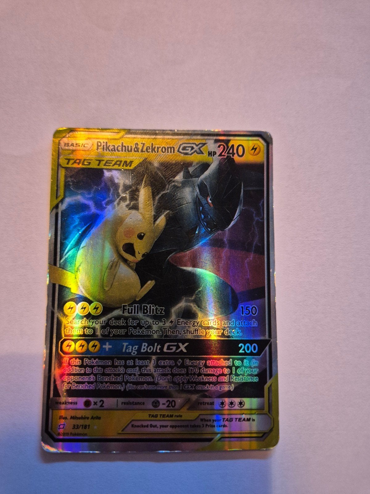 Pikachu & Zekrom GX Tag Team 33/181 Pokémon Kaart, Hobby en Vrije tijd, Ophalen of Verzenden, Gebruikt, Losse kaart, Foil