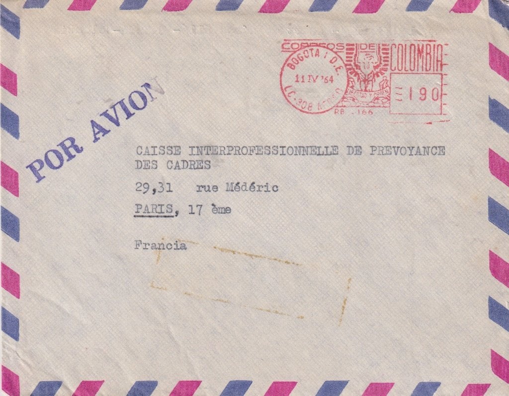 Colombia 1964 M56 Lp Machinestempel > Frankrijk, Verzenden, Envelop