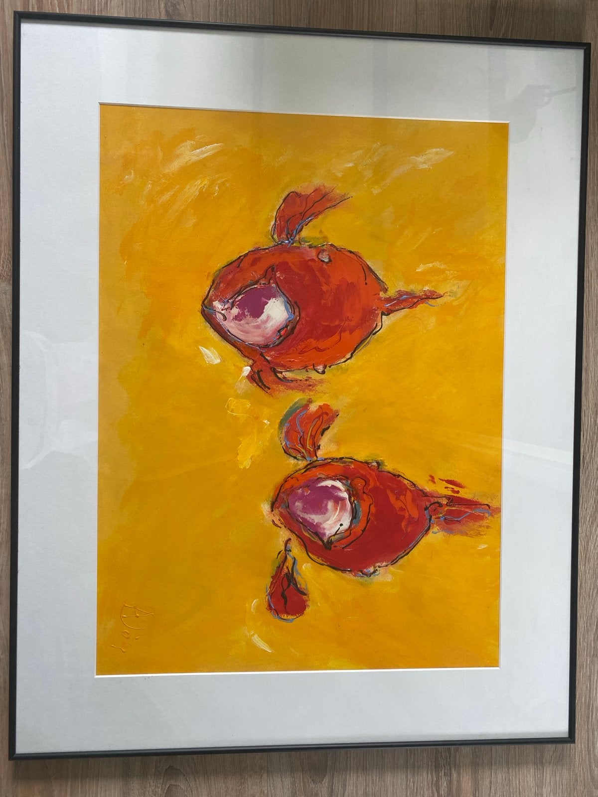 Modern schilderij met twee vissen in levendige kleuren, Ophalen, Acrylverf, Papier/karton, Dieren