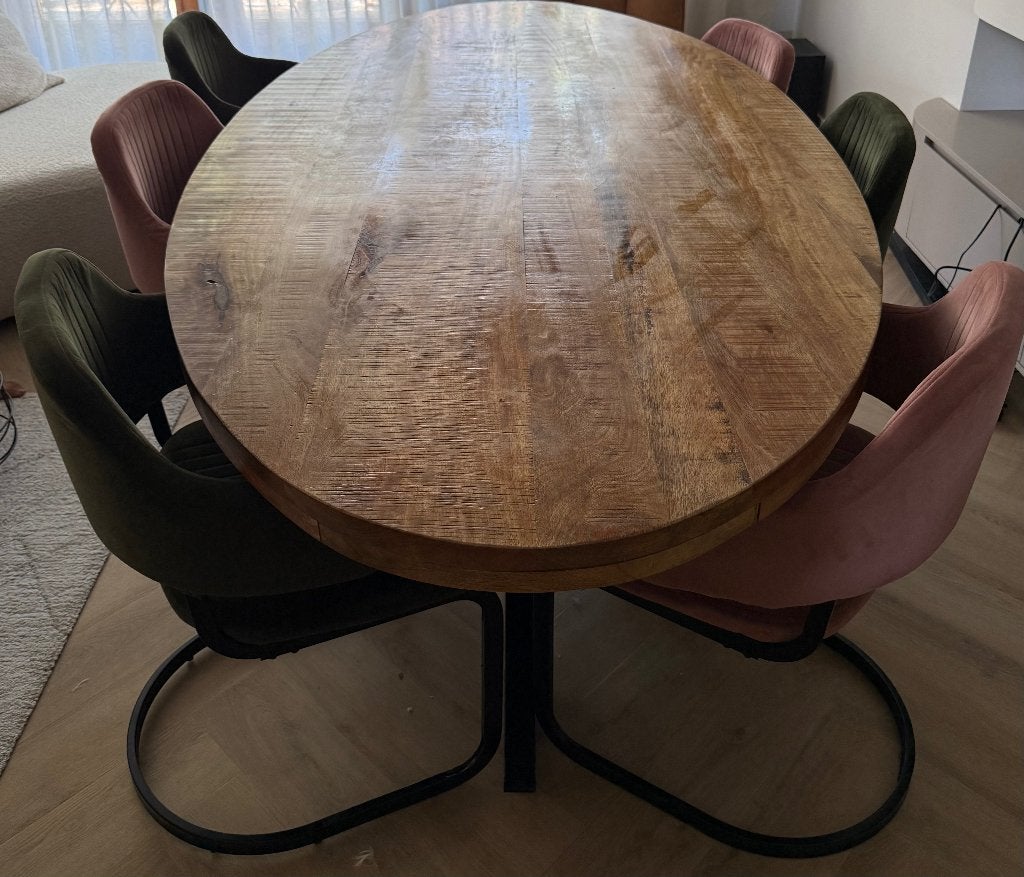 Mangohout eettafel met 6 stoelen, Ophalen, Mangohout eettafel met 6 stoelen, Gebruikt, 200 cm of meer