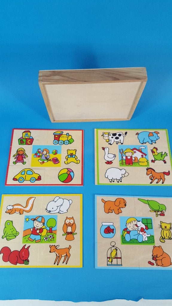4 x houten puzzel in houten kistje. Compleet. K13, Tweedehands verkoop, Tweedehands verkoop, Gebruikt, Geen@idee.nl