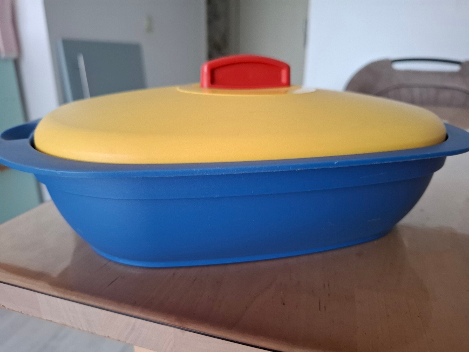 Tupperware Microgolf Stomer Blauw/Geel/Rood, Huis en Inrichting, Keuken | Tupperware, Ophalen of Verzenden, Gebruikt, Blauw, Schaal