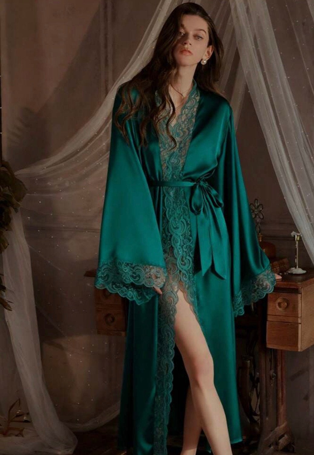 Luxe kimono met kant smaragd groen. L/xl Hunkemöller insp, Kleding | Dames, Ophalen of Verzenden, Groen, Overige typen