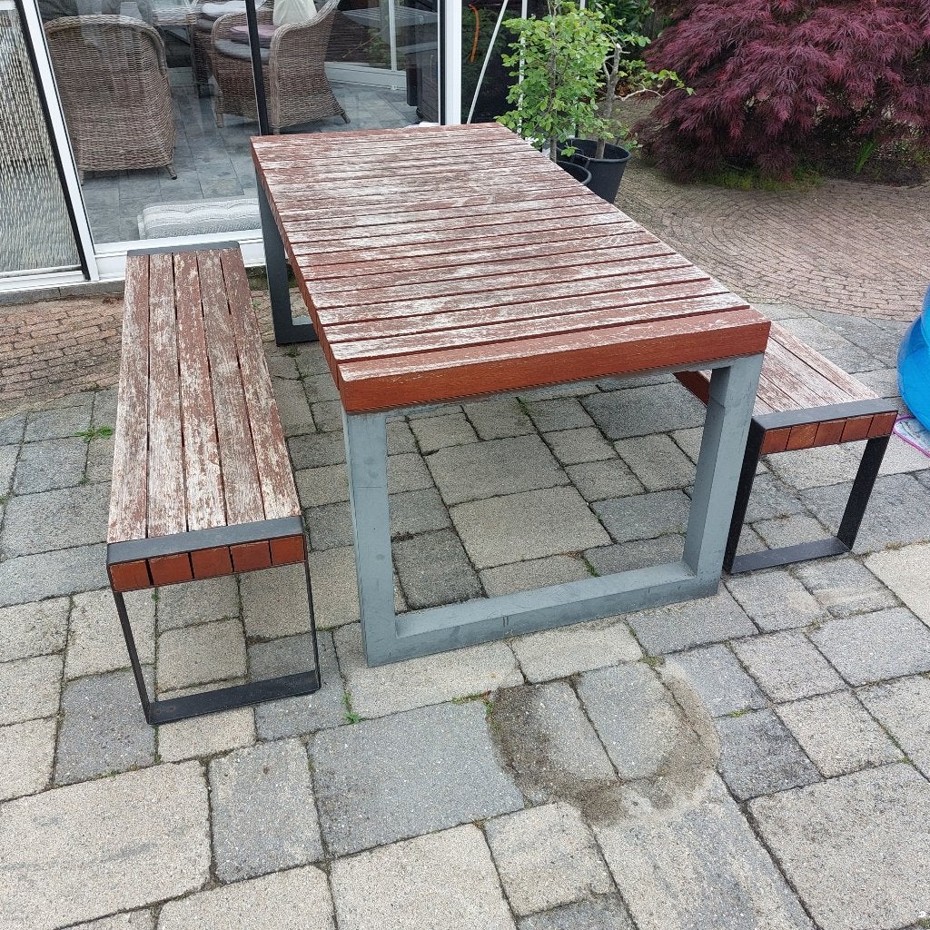 Tuintafel met 2 banken - 180 x 90 x 75 cm, Tuin en Terras, Tuintafels, Ophalen, Gebruikt, Rechthoekig, Hout