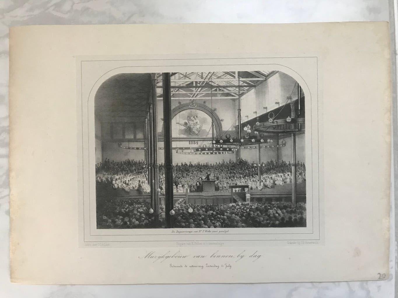 Muzijkgebouw van binnen bij dag, 1854, or. gravure, 19x14cm., Origineel, 1800 - 1899, 19 cm, Architectuur