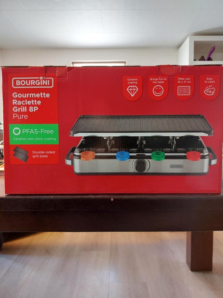 BOURGINI Gourmet Raclette Grill 8P Pure - Nieuw in doos, Ophalen of Verzenden, Nieuw, 8 personen of meer