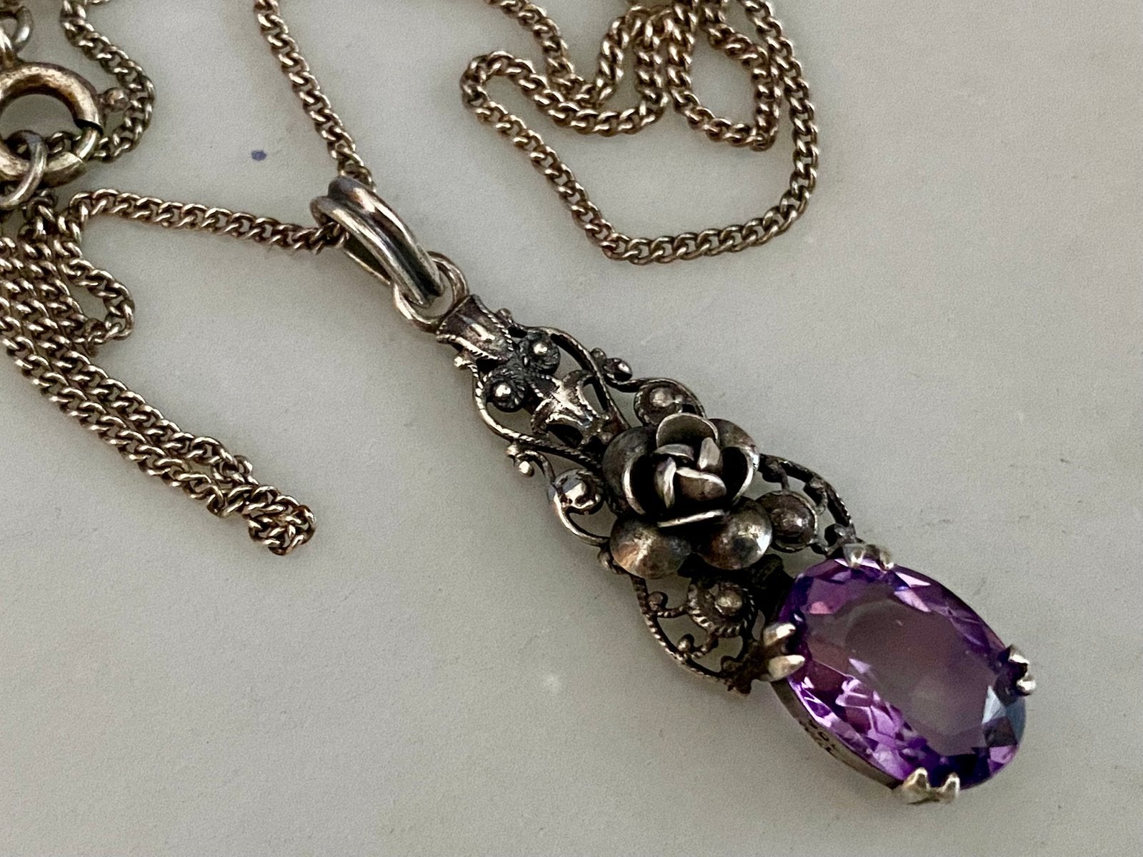 Prachtige art deco zilveren ketting met amethist, Verzenden, Zilver, Ketting