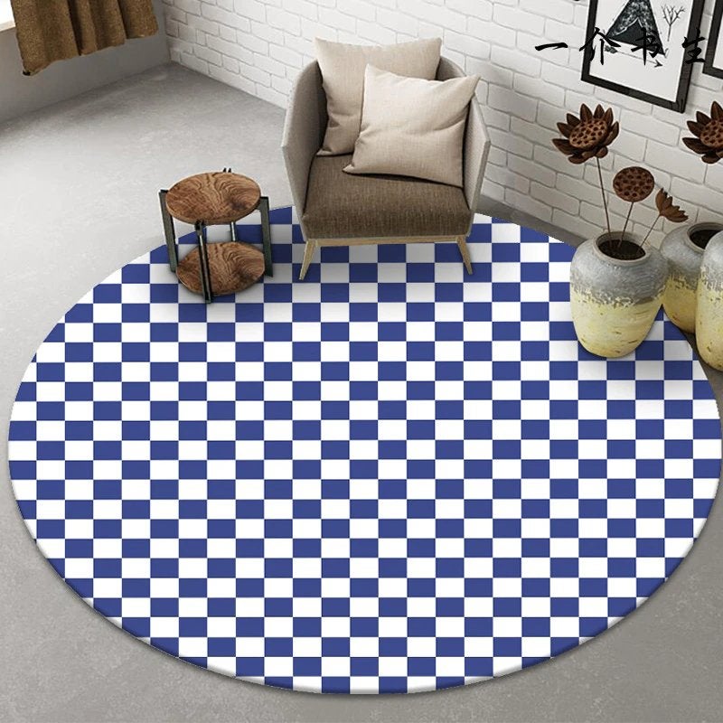 Blauw Wit Geblokt Rond Vloerkleed / Kleed Tapijt Blokken, Rond, Nieuw, 150 tot 200 cm, Verzenden