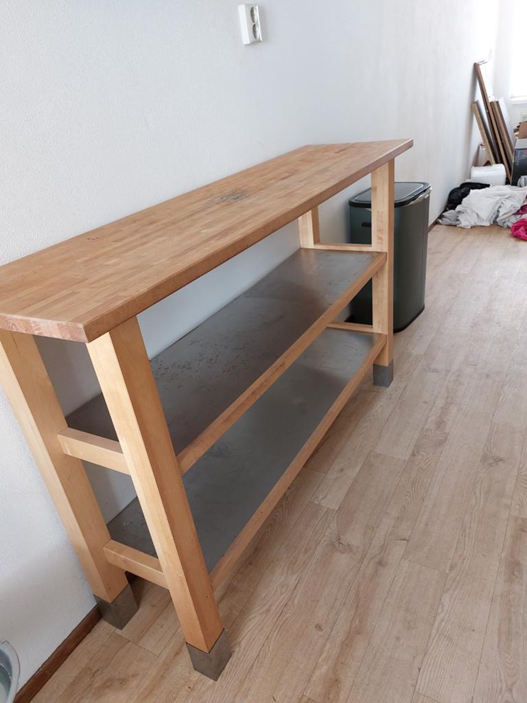 Aanrecht/side table met metalen planken, Huis en Inrichting, Tafels | Sidetables, Ophalen, Gebruikt, 100 tot 150 cm, Industrieel, Landelijk