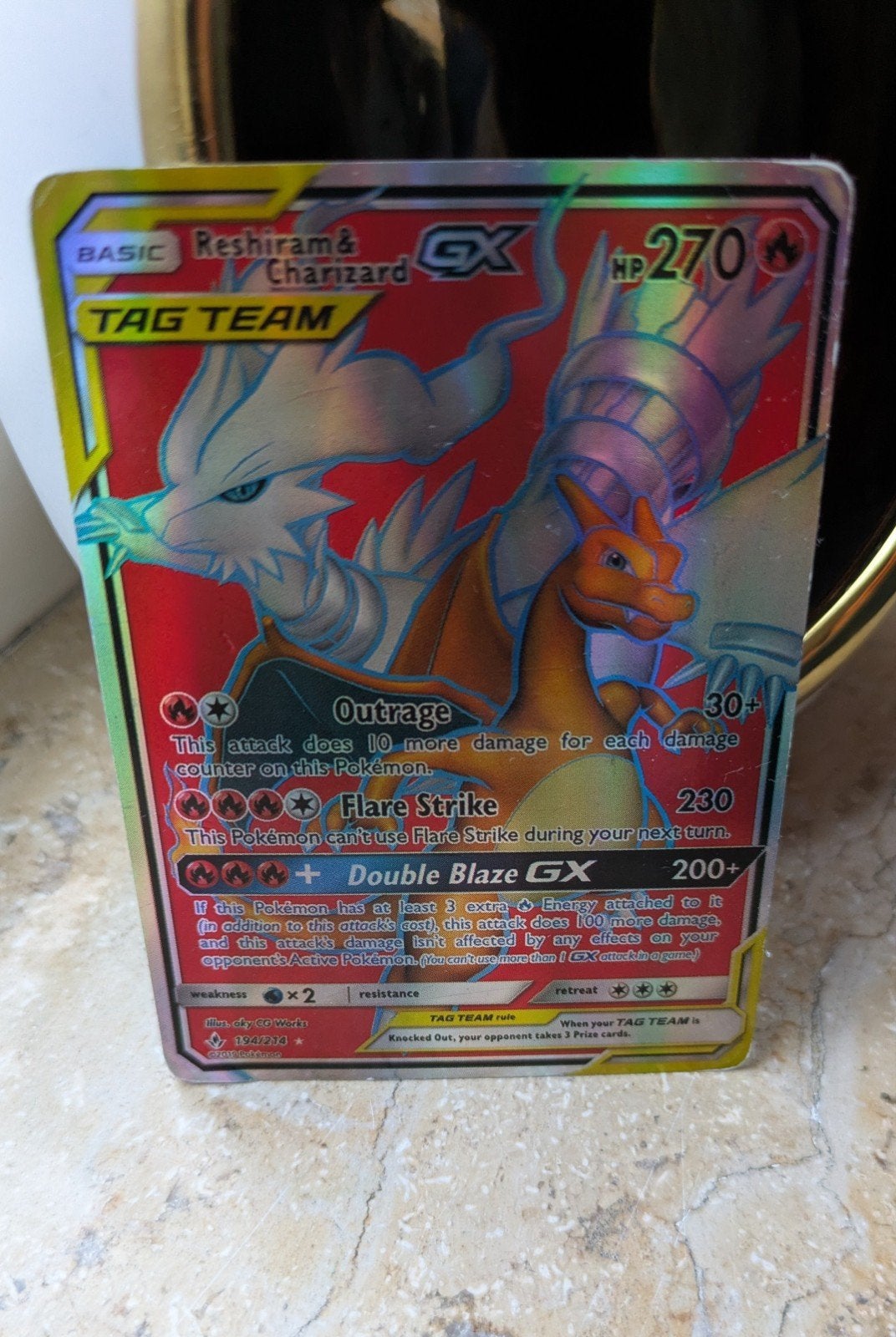 Reshiram & Charizard GX TAG TEAM Pokémon Kaart, Ophalen of Verzenden, Gebruikt, Losse kaart, Foil