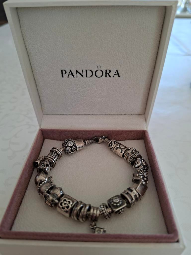 Pandora armband zilveren,  zirkonia, goud, hangers, stoppers, Gebruikt, Zilver, Zilver, Met bedels of kralen