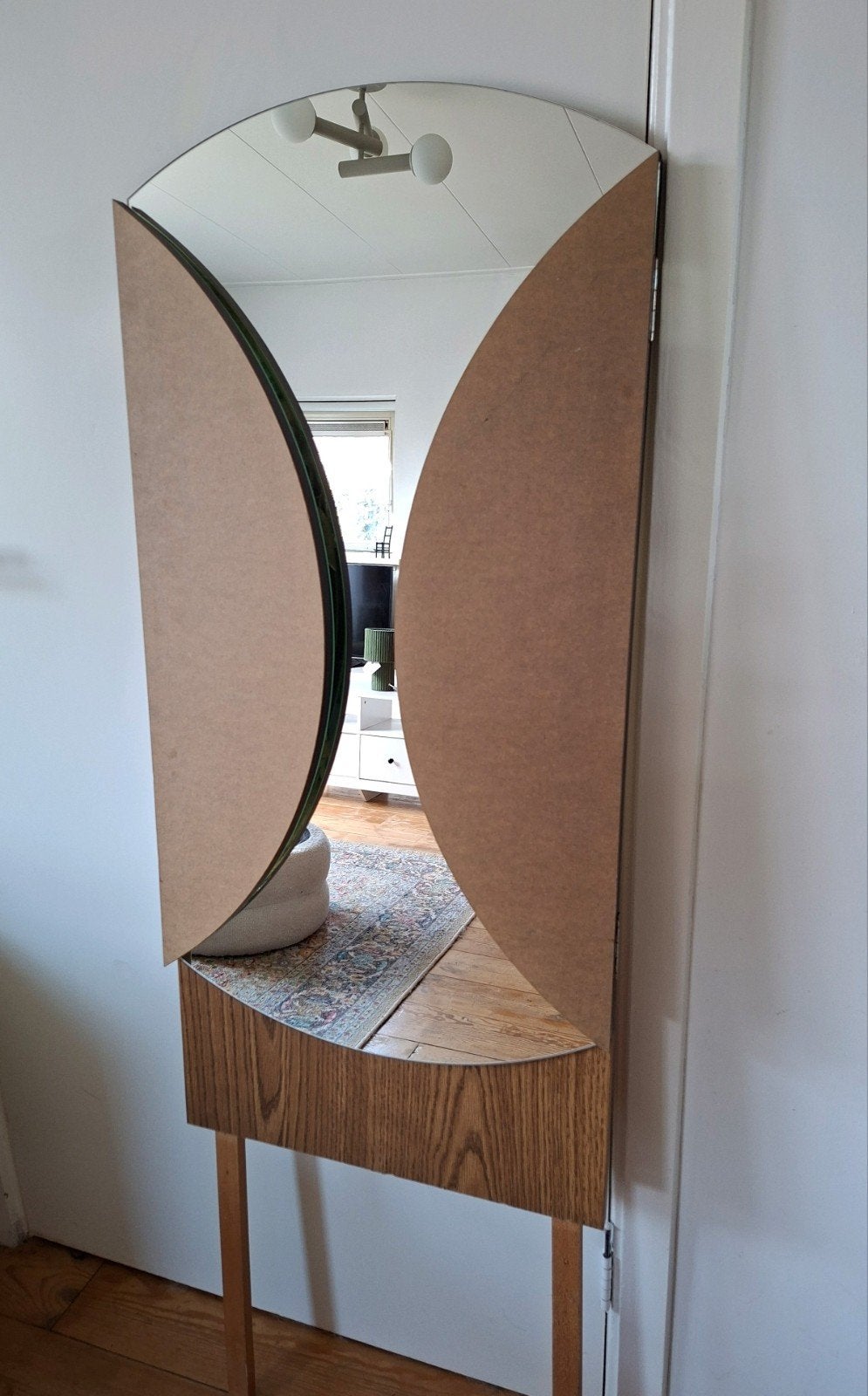 Vintage drieluik spiegel met inklapbare zijkanten- rond 90cm, Ophalen, Gebruikt, 100 tot 150 cm, 75 tot 100 cm