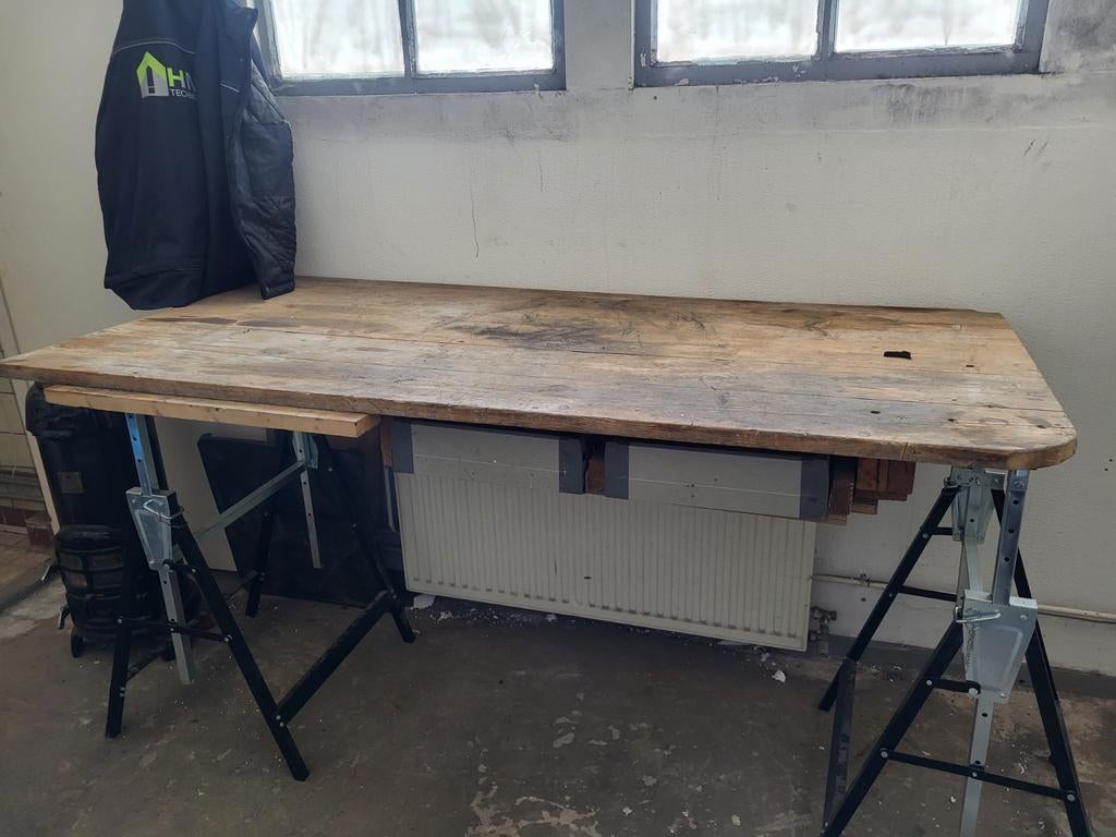 Groot werkblad met 2 lades - 200x90 cm, Gebruikt, 150 tot 200 cm, Rechthoekig, Overige houtsoorten