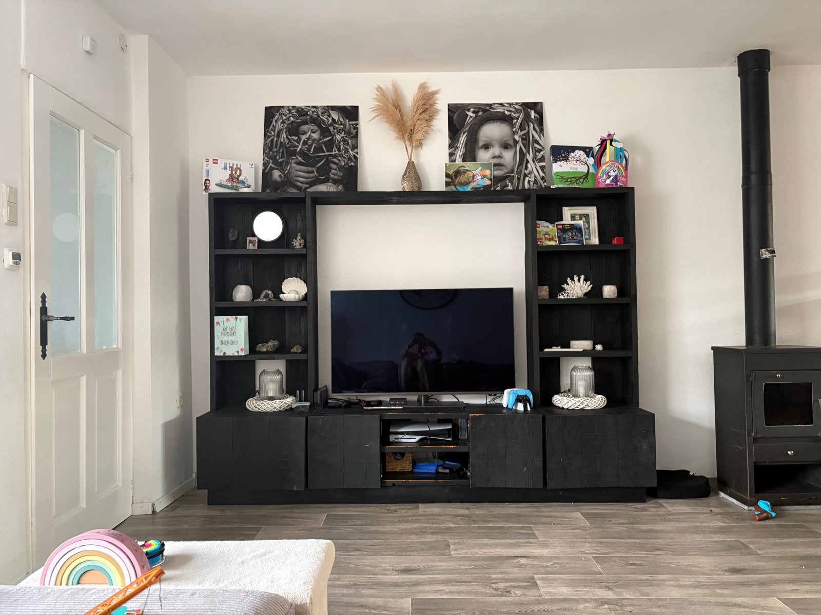 Zwart TV-meubel met opbergruimte en planken, Ophalen, Gebruikt, 200 cm of meer, 150 tot 200 cm