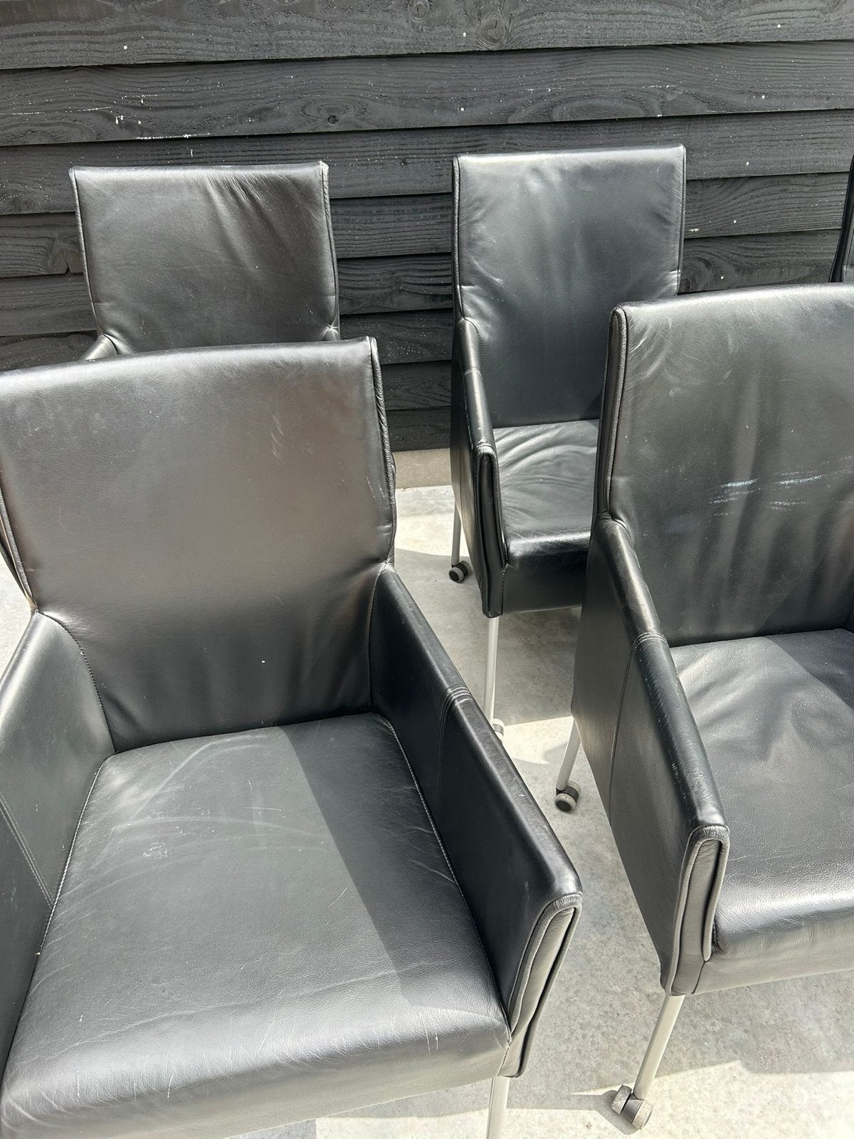 Zwarte leren stoelen met wielen, gebruikt, Gebruikt, Zwart, Leer, Ophalen of Verzenden