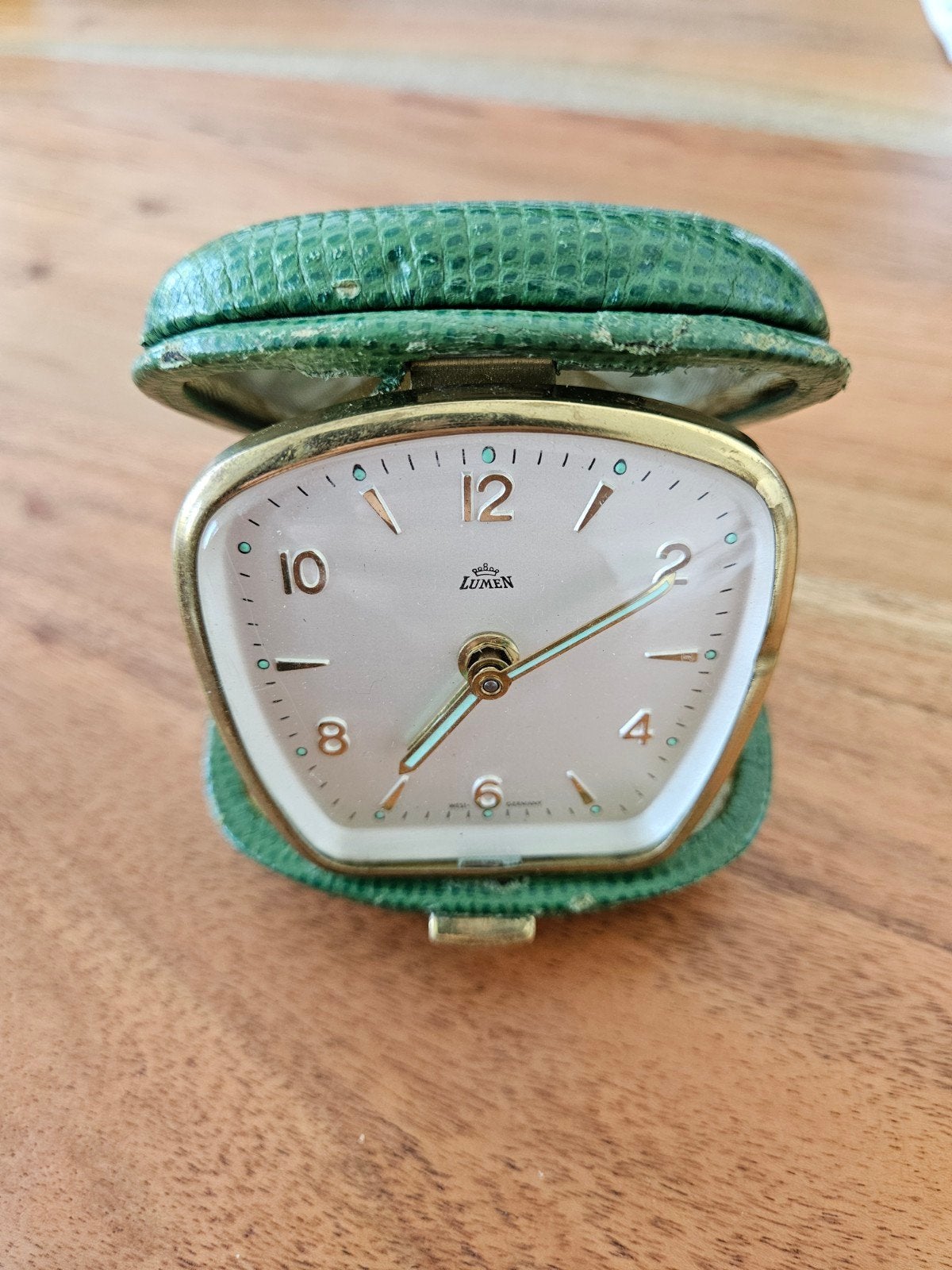 Vintage Lumen reiswekker in groen leer - glow in the dark, Ophalen of Verzenden