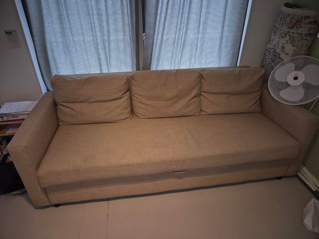 IKEA FRIHETEN slaapbank beige, Huis en Inrichting, Ophalen, Gebruikt, Beige, Tweepersoons