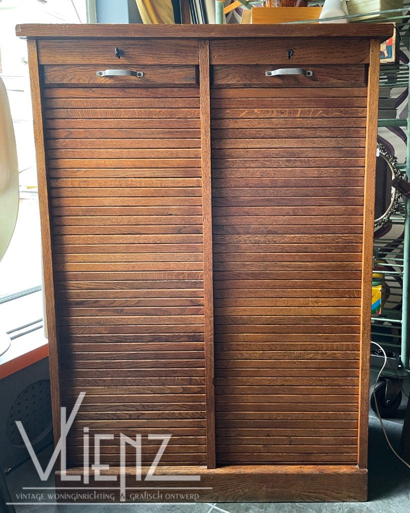 Vintage, antieke dubbele roldeurkast, archiefkast hout, Huis en Inrichting, Kasten | Roldeurkasten en Archiefkasten, Gebruikt