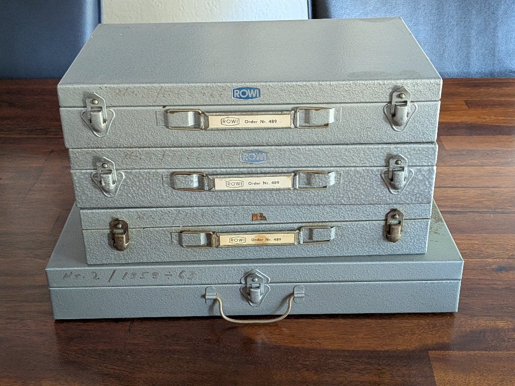 Vier vintage dia opbergdozen metaal, jaren 50/60, Ophalen of Verzenden, Gebruikt