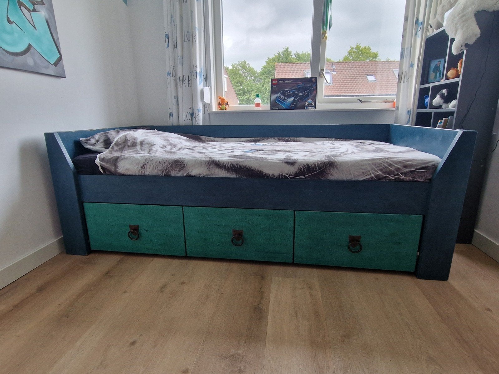 Stevig Eiken Bed met Opberglades - Blauw/Groen, Ophalen, Gebruikt, 90 cm, Blauw