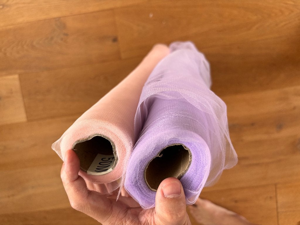 2 grote rollen tule op rol bruiloft - paars en roze, Ophalen, 120 cm of meer, Wit, Katoen