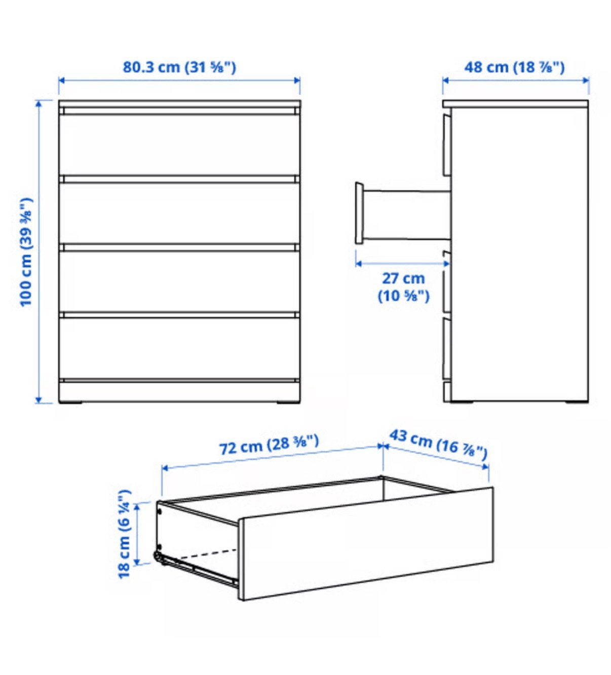Ikea Malm ladekast, 4 lades, wit, 80x100cm, (NIEUW in doos)., Huis en Inrichting, Ophalen, 50 tot 100 cm, Zo goed als nieuw, Minder dan 100 cm